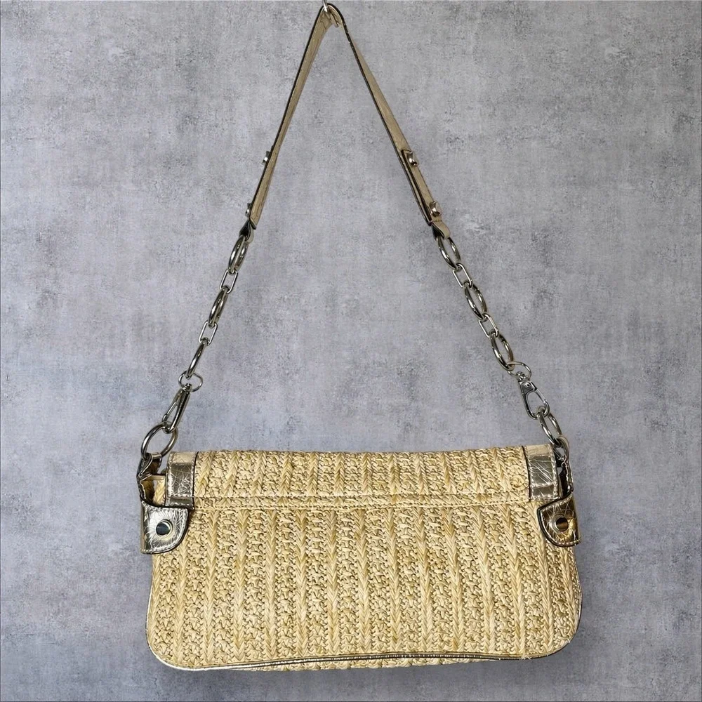 Vtg Y2K Style Guess Baguette Straw Purse Metallic Silver Snake Skin Trim 90s‎